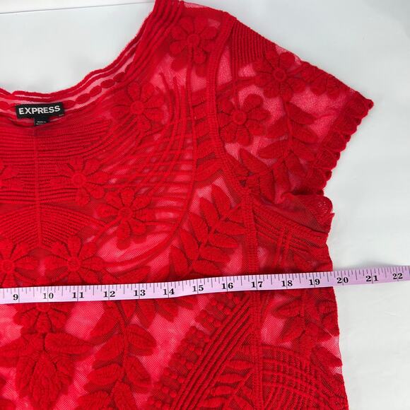 Express RED Lace Embroidered Floral Flowery with Leaves Women's Sheer Top S - Picture 12 of 13
